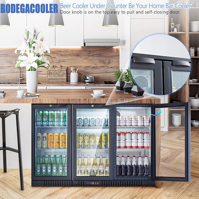 BODEGACOOLER Back Bar Cooler With 3 Glass Doors,Counter Height Commercial Beverage Refrigerator,11.4 Cu.Ft Display Bar Beverage Fridge with LED Lighting,21 inch Cooler for Beer,Soda Drinks,Wine