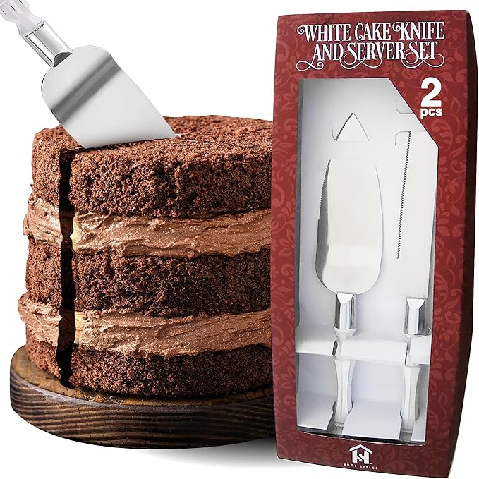 Homi styles White Elegant Cake Knife and Server Set, Cake Cutter and Pie Spatula, Cake Server and Knife Set of 2 with Thick Blades,Rustic Wedding Cake Cutting Set, Birthdays, Anniversaries,Parties
