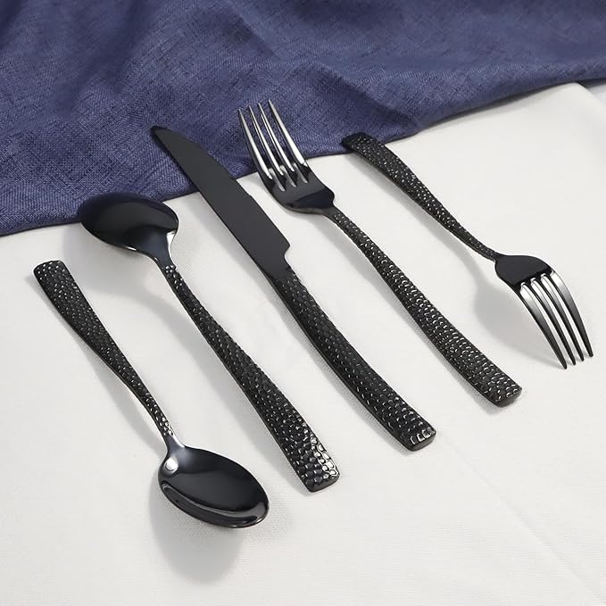 Black Hammered Silverware Set, 20 Piece Stainless Steel Flatware Set for 4, Food-Grade Tableware Cutlery Set for Home Restaurant, Mirror Polished, Dishwasher Safe