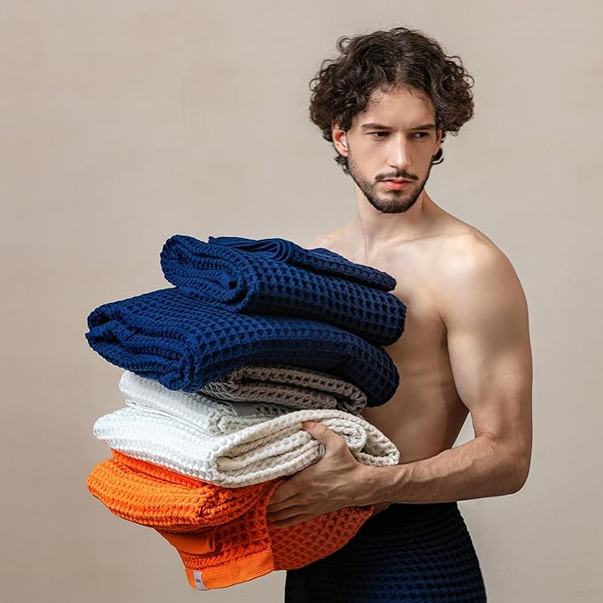 Luxury Organic Japanese Cotton Waffle Bath Towel | Thick, Absorbent, Quick Dry Bathroom Towels for Shower, Sauna, Onsen| Hotel & Spa Quality, Gift-Ready (Shell White, Complete Set (4-Piece))