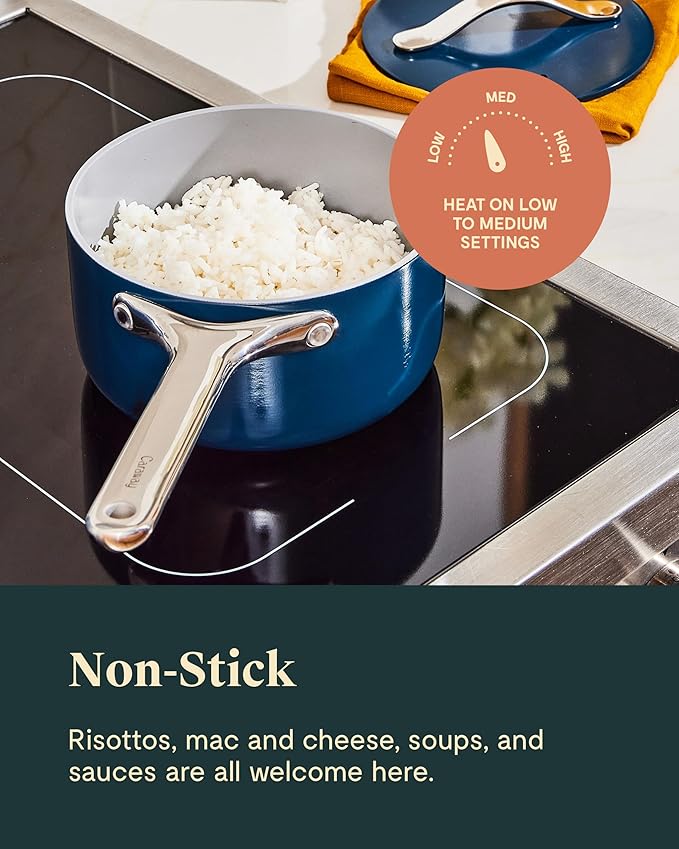 Caraway Nonstick Ceramic Sauce Pans with Lids (3 qt & 1.75 qt) - Non Toxic, PTFE & PFOA Free - Oven Safe & Compatible with All Stovetops (Gas, Electric & Induction) - Marigold