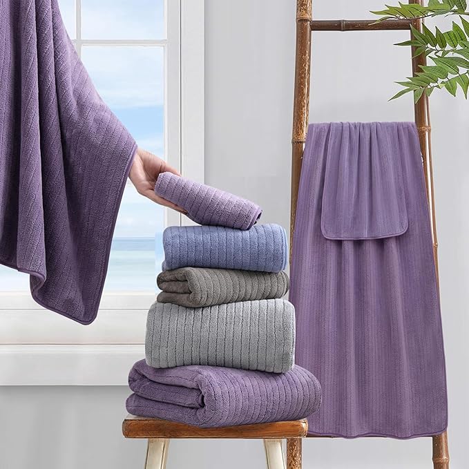 18 Piece Bath Towels Set,Soft Family Bathroom Towel Set with Hanging Loops-6 Bath Towels,6 Hand Towels,6 Washcloths,Highly Absorbent Quick Dry Shower Towel for Bathroom,Hotel,Spa-Purple Towel Set