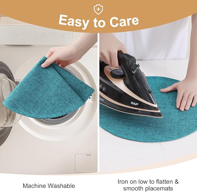 homing 15 Inch Round Cloth Placemats Set of 6, Cotton Linen Blend Washable Table Mats, Farmhouse Dining Place Mats for Indoors & Outdoors, Easy to Clean, Teal