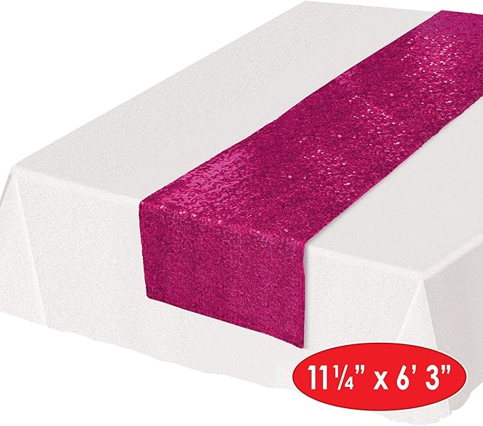 Beistle Sequined Fabric Table Runner for Birthday Decorations, Bridal Shower Party Supplies and Tableware, 11.25" x 75", Cerise