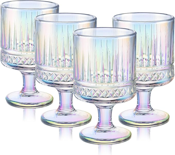 Joeyan Vintage Iridescent Wine Glasses,Embossed Water Goblet Glasses with Diamond Patterns,Rainbow Decorative Striped Stemmed Glass Tumbler Cups,Glassware for Party Wedding Anniversary,7 oz,4 pcs