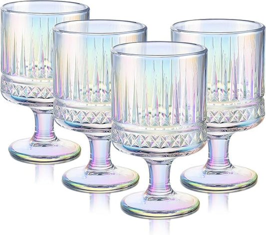 Joeyan Vintage Iridescent Wine Glasses,Embossed Water Goblet Glasses with Diamond Patterns,Rainbow Decorative Striped Stemmed Glass Tumbler Cups,Glassware for Party Wedding Anniversary,7 oz,4 pcs