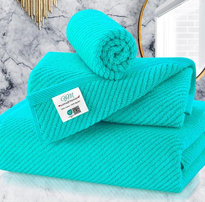Turquoise Towels for Bathroom - 100% Cotton | Quick Dry | Thick | Lightweight, 3PCS Towel Set, 1 Large Bath 30"x56",1 Soft Hand 18"x28",1 Absorbent Washcloth 13"x13", Bath Towels with Hanging Loops