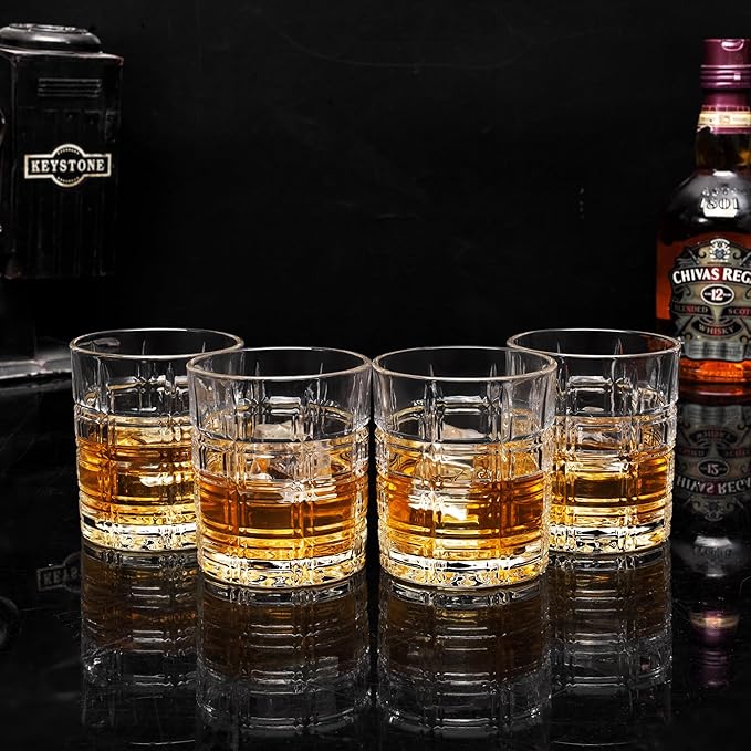 KANARS Crystal Whiskey Glasses - 10 Oz Rock Glasses in Luxury Gift Box - Set of 4 Lowball Bourbon Glass Tumbler for Birthday, Wedding Anniversary, Christmas and Retirement