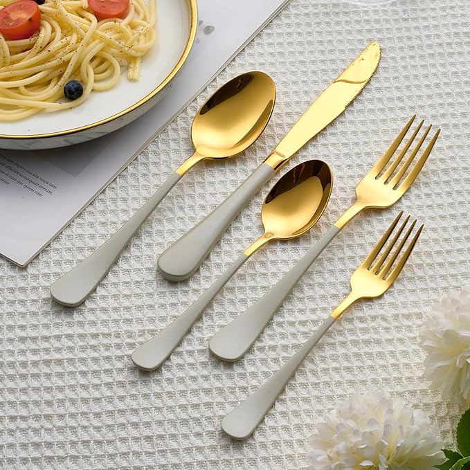 20 Piece Gold and Grey 18/0 Flatware Utensil Set for 4, Include Dinner Knife,Dinner Forks,Dinner Spoons,Salad Forks,Teaspoons,Silverware Set for 4, Dishwasher Safe