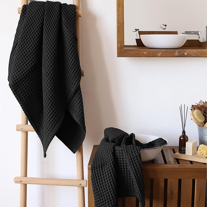 4-Piece Waffle Towels Set for Bathroom - Soft 100% Turkish Cotton Quick-Dry Lint-Free Waffle Weave Thin Bath and Hand Towels (Black, 2 Bath & 2 Hand Towel Set)