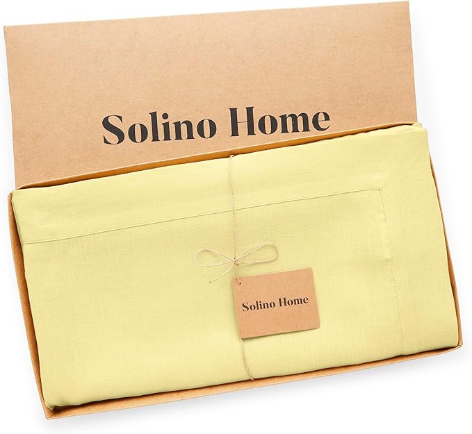 Solino Home Yellow Linen Tablecloth 60 x 132 Inch - 100% Pure Linen Table Cloth for Rectangle Tables - Fete, Machine Washable Tablecloth