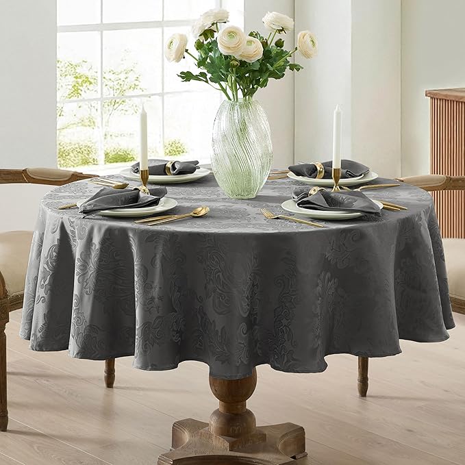 Newbridge Christmas Barcelona Damask Fabric Tablecloth, 70 Inch Round, Grey – No Iron, Soil Resistant Table Cover for Dining, Parties and Holidays