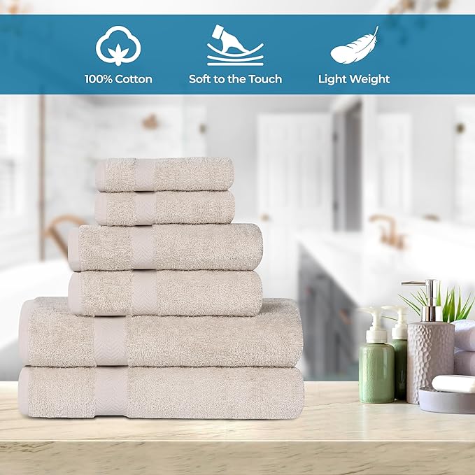 Superior 6-Piece Cotton Assorted Towel Set, Includes 2 Face/Washcloths, 2 Hand, and 2 Bath Towels, Lightweight Essentials, for Home, Gym, Beach, Bathroom, Quick Drying, Franklin Collection, Stone