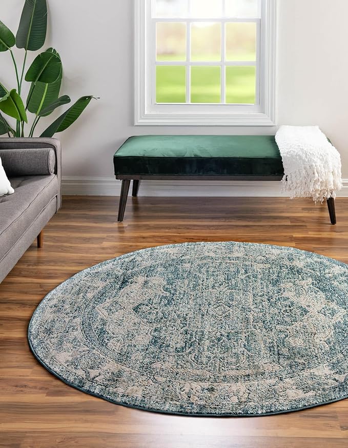 Unique Loom Isabella Collection Area Rug - Adjani (5' 1" Round, Blue/ Beige)