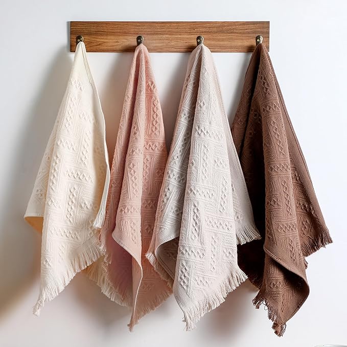 4 Pack Boho Bathroom Hand Towel 14 x 30 Inch 100% Turkish Cotton Decorative Boho Kitchen Hand Towel Farmhouse Bathroom Decor Set Absorbent Soft Guest Tea Gift(Beige, Gray, Curry, Pink)