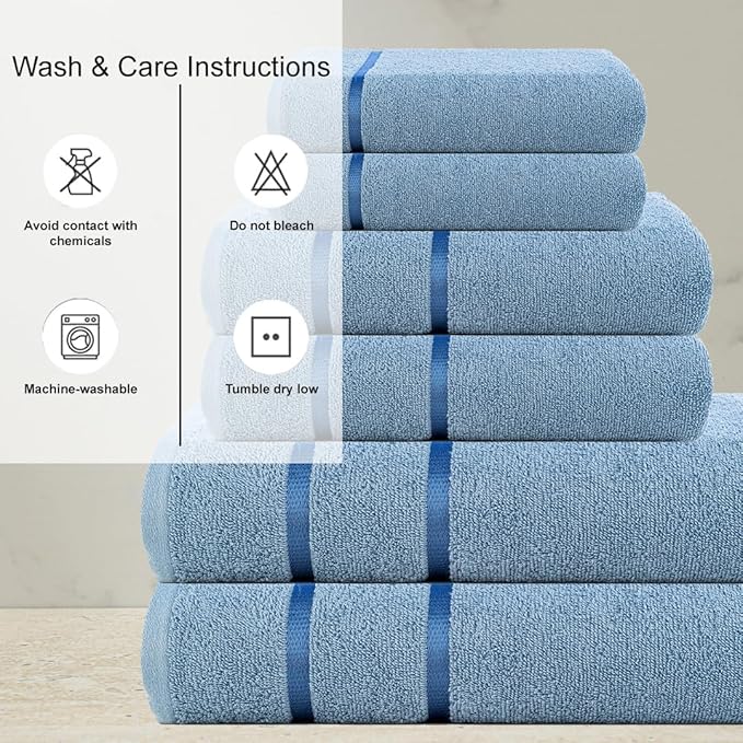 CASA COPENHAGEN Eternal 6 Pieces Towel Set- Dusty Blue, 500 GSM 2 Bath Towel 2 Hand Towel 2 Washcloth, Designed in Denmark Made of Soft Egyptian Cotton for Bathroom, Kitchen & Shower