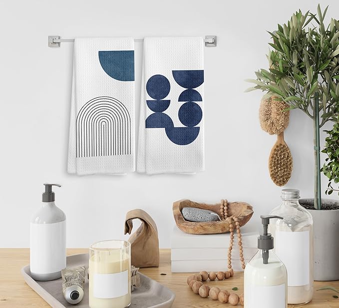 Boho Navy Blue Line Kitchen Towels and Dishcloths Set of 2, Boho Dish Towels, Bohemian Decorative Boho Blue Hand Towels for Bathroom Kitchen, 16×24 Inches