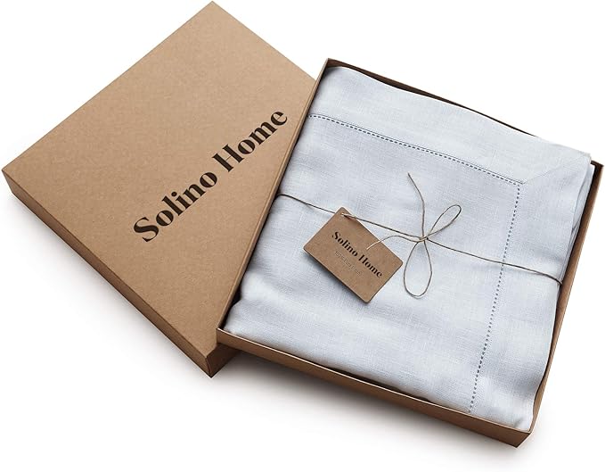 Solino Home Linen Tablecloth 60 x 108 Inch - Classic Hemstitch 100% Pure Linen Light Blue Table Cloth for Rectangle Tables - Machine Washable Tablecloth for Winter, New Year