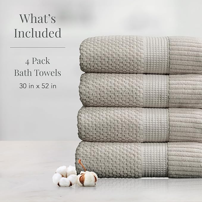 NY Loft 100% Cotton Bath Towel Set of 4 | Grey Towels | Oeko-TEX® Standard 100 | Soft & Absorbent, Quick-Dry Bath Towels | 30" x 52" | | Trinity Collection - Quiet Grey