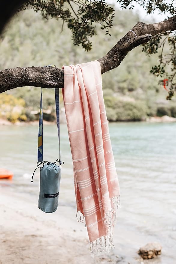Madamelique Turkish Beach Towel with Beach Bag - 39 x 74 - Prewashed Beach Towels Oversized -%100Cotton - Quick Dry - Sand Free - Hand Loomed Turkish Bath Towels - Unique Absorbent Towel (Blush)