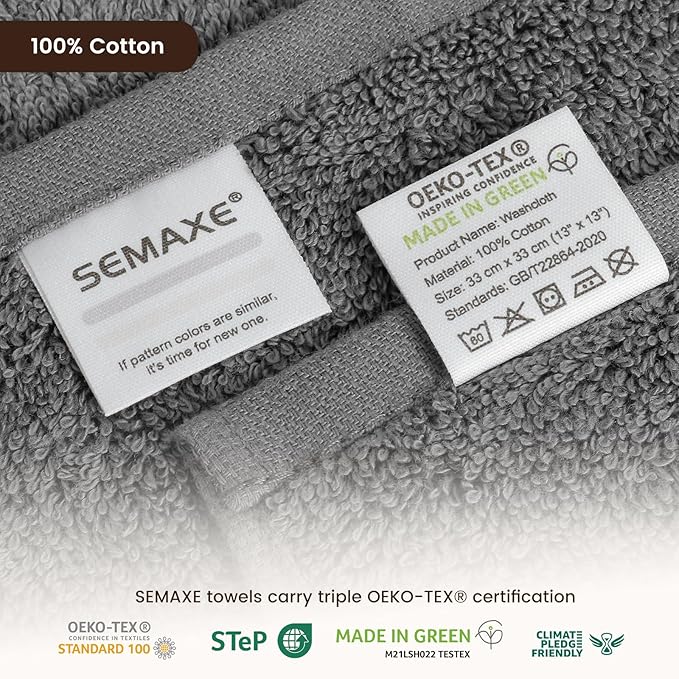 SEMAXE 100% Cotton Washcloths 12-Pack, 13 × 13 Inch Soft Luxury Face Towels – Super Absorbent & Quick-Dry, Premium Cloth with Hanging Loop, Oeko-TEX Certified, Gift-Ready Box