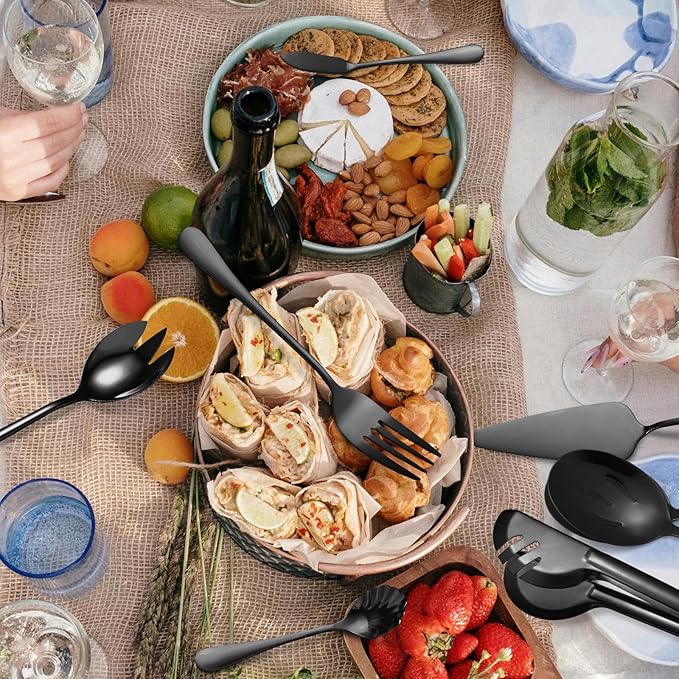 Black Serving Utensils Set 10-Piece Stainless Steel Kitchen Catering Flatware include Catering Tong Big Spoons and Ladles Servers Large Fork Spatula Ideal for Home and Restaurant Use