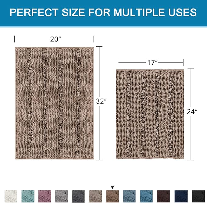H.VERSAILTEX Bathroom Rugs Sets 2 Piece Non Slip Thick Shaggy Chenille Bathroom Rug Mat Set Extra Soft and Absorbent Striped Floor Rugs, Machine-Washable, Taupe Brown