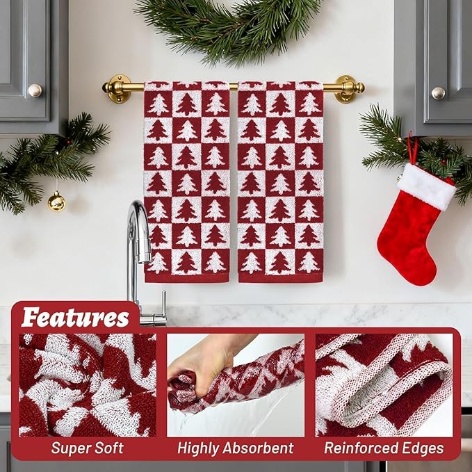 Jacquotha Red Christmas Hand Towels for Bathroom - 2-Piece Checkered & Xmas Tree Kitchen Towels, Festive Decor and Everyday Use, Cotton, 13” x 29”