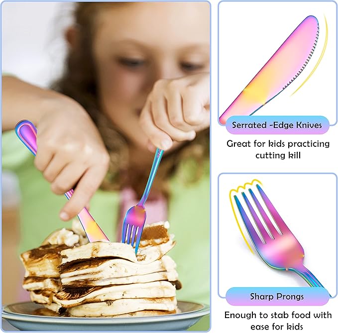 E-far 6-Piece Kids Silverware, Stainless Steel Toddler Utensils Safe for Preschooler/Children, Includes 2 Forks 2 Spoons 2 Knife, Slimline Adult Look & Small Size, Rust Free & Mirror Polished-Rainbow