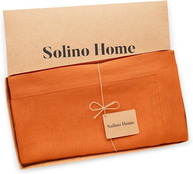 Solino Home Linen Tablecloth for Rectangle Tables 60 x 108 Inch - 100% Pure Linen Persimmon Orange Table Cloth - Fete, Machine Washable Cloth Tablecloth