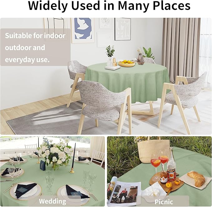Easy-Going Faux Linen Waterproof Spill-Proof Tablecloth Stain Resistant Round Table Cloth Wrinkle Free Decorative Fabric for Kitchen, Dining, Party, Weddings, Restaurants (60 in-Round, Sage Green)