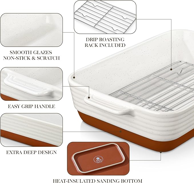 MALACASA Casserole Dishes for Oven with Roasting Racks, Ceramic Baking Dishes Set of 3, Baking Pan Casserole Dish Set, Rectangular Lasagna Pan Deep with Handles for Baking, Khaki White (14.5''/13''/10.5''), Series TARA