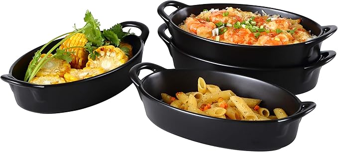 Bruntmor 8" x 5" Oval Porcelain Ceramic Deep Dish Pie Pan Set of 4, Double Handle Au Gratin Baking Dishes, Oven Safe Roasting Lasagna Pan For kitchen- Black