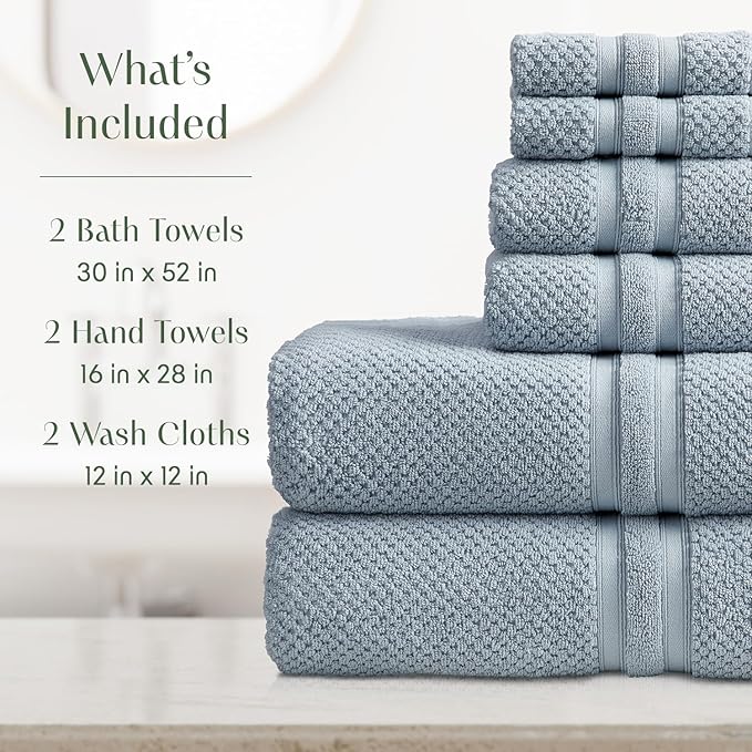 Springtree Home Blue Bath Towels Set of 6 | Popcorn Textured | 100% Combed Cotton | Absorbent Quick-Dry Towels for Bathroom | Oeko-TEX® Standard 100 Cotton | Poli Collection - Blue Fog