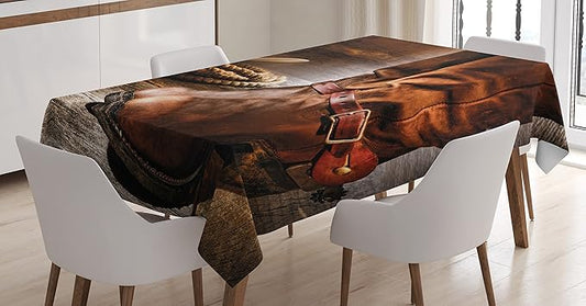 Ambesonne Western Tablecloth, Classical Cowboy Boots Traditional Ranching Spurs Hat and on Antique Floor Print, Rectangular Table Cover for Dining Room Kitchen Decor, 60" X 84", Grey Brown