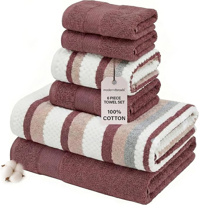 Modern Threads Pax 6-Piece Reversible Yarn Dyed Jacquard Towel Set - Bath Towels, Hand Towels, & Washcloths - Super Absorbent & Quick Dry - 100% Combed Cotton, Rosewood