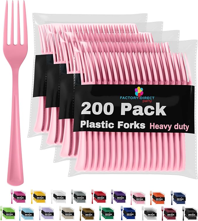 Party Solids Pink Plastic Forks 200 Pieces Pink Forks Disposable Utensils Heavy Duty Plastic Cutlery Set Disposable Cutlery Sets Flatware Sets Silverware Set Party Supplies & Party Tableware