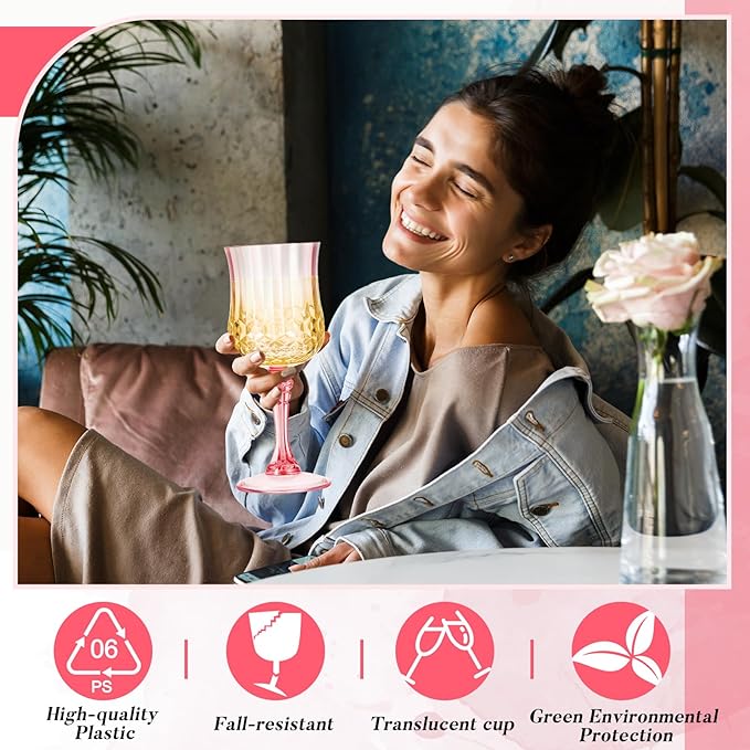 Pinkunn 6 Pcs 7 oz Plastic Vintage Wine Glasses Reusable Colored Goblets Patterned Drinking Water Glasses Cup Dishwasher Safe for Christmas Wedding Reception Party Supplies (Pink)