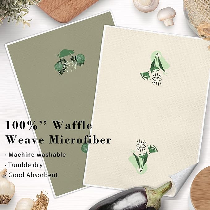 Sage Green Boho Botanical Kitchen Dish Towels, Mystical Witchy Celestial Sun and Moon Evil Eye Decorative Hand Towel for Bathroom, Boho Witchy Kitchen Bathroom Decor, 16x24 Inch Set of 3