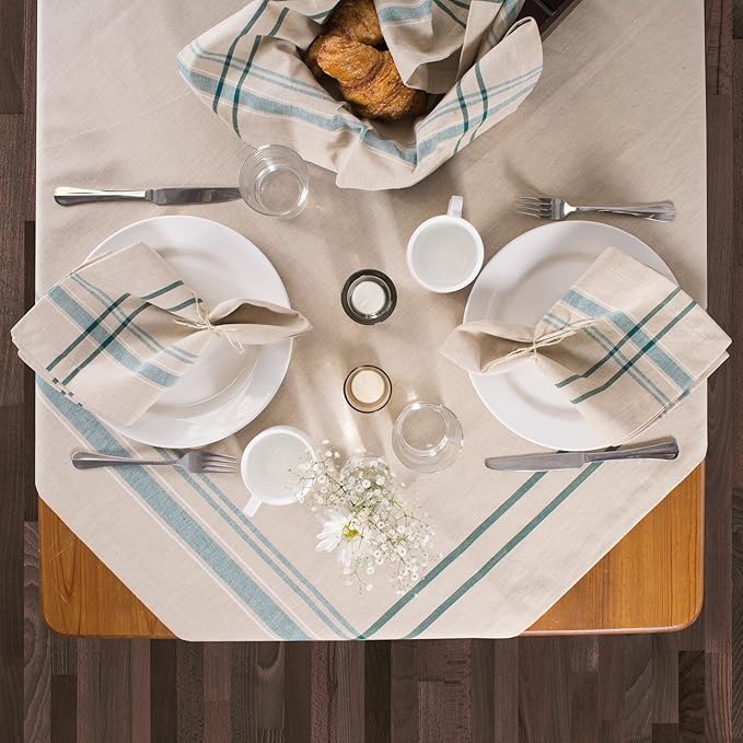 DII French Stripe Tabletop Collection Farmhouse Style Dining Table Linen Tablecloth, 60x84, Taupe/Teal