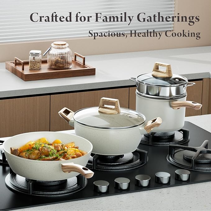 25 Pcs Pots and Pans Set Non Stick Ceramic Cookware Set, Healthy Non Toxic Kitchen Cookware with Mini Egg Pan, Large Capacity, Induction Compatible, PFAS/PTFE/PFOA/PFOS Free, Cream White