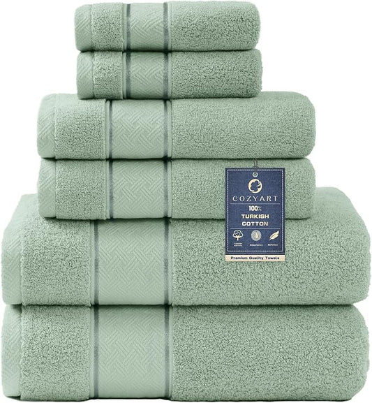COZYART Sage Green Bath Towels Set 6 Piece, 2 Bath Towels 2 Hand Towels 2 Washcloths, Luxury 100% Turkish Cotton 650GSM Hotel Quality, Soft, Absorbent, Towel Sets for Bathroom