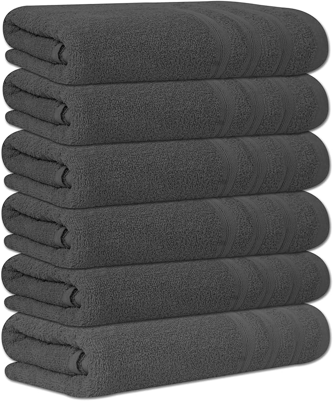 Large Bath Towels Set of 6 – 24" x 50" – 100% Cotton Terry – Durable, Soft & Quick Dry – Grey Multipurpose Towels for Bathroom, Gym, Spa, Pool & Daily Use