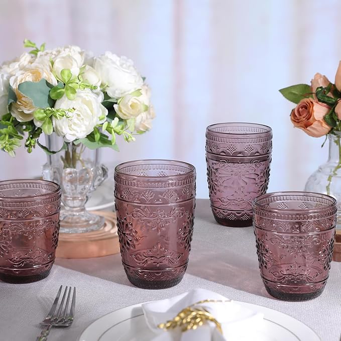 14OZ Drinking Glasses Set of 4, Purple Drinking Glasses, Colored Glassware Drinking, Highball Beverage Glasses Cup, Vintage Glassware Set for Water, Juice, Cocktail, Coffee