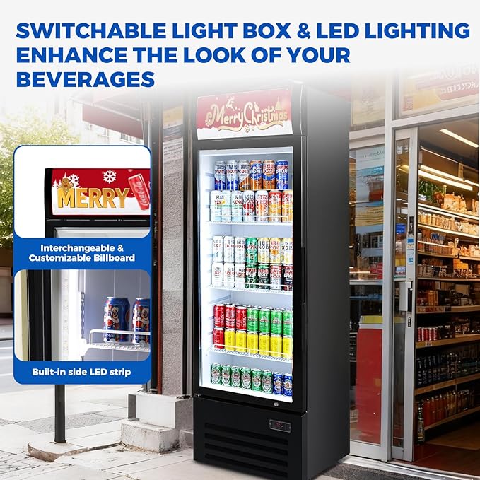 Commercial Refrigerators 9 Cu.Ft Upright Merchandiser Drink Cooler – Glass Door Beverage Fridge with LED Light, Adjustable Shelves, Lock Wheels – Display Refrigerator for Beer, Bar, Shop