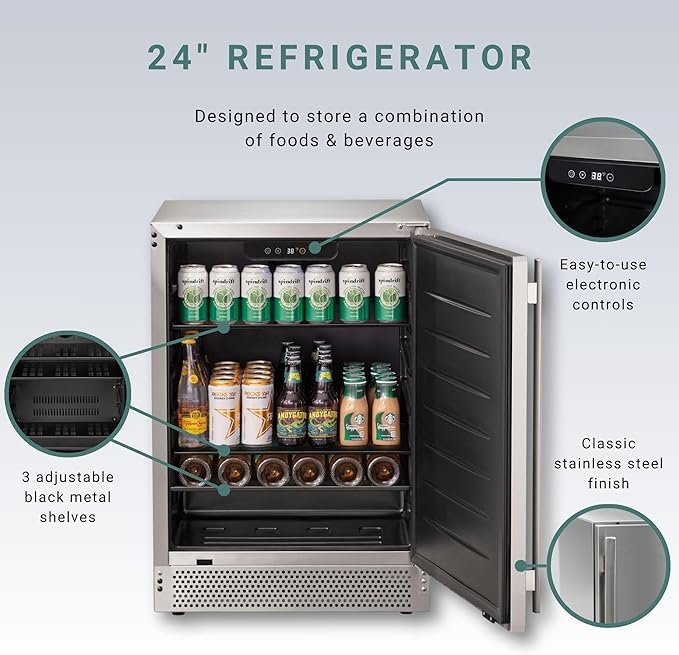 Marvel Northland Collection 24” Undercounter Refrigerator, 3 Adjustable Shelves, Stores up to 18 Bottles of Wine and 126 12-oz Cans, Indoor/Outdoor Rated