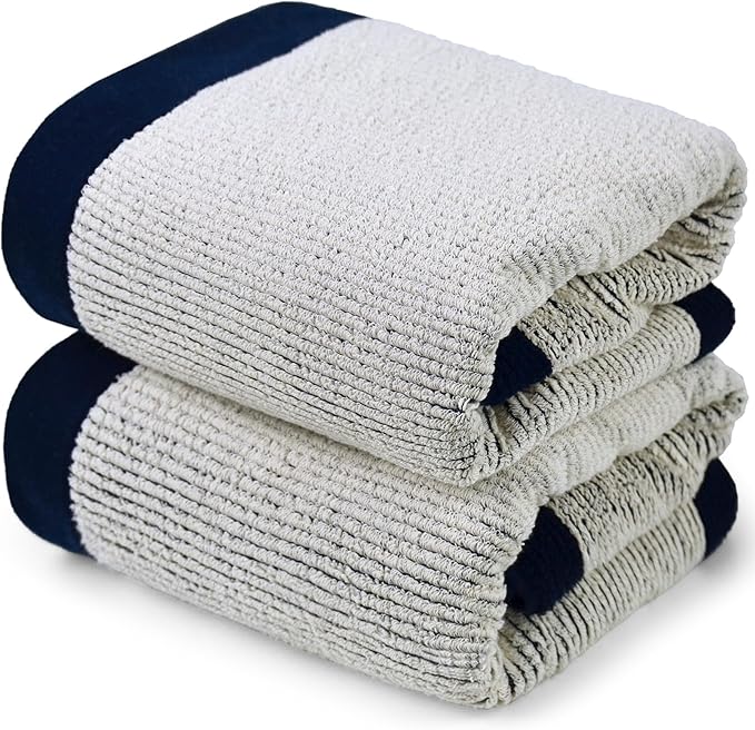Cleanbear Fluffy Bath Towels for Bathroom, Shower Towel Set of 2, Jacquard Weaved Soft Cotton Cloths Navy-Blue, 54 by 28 Inches