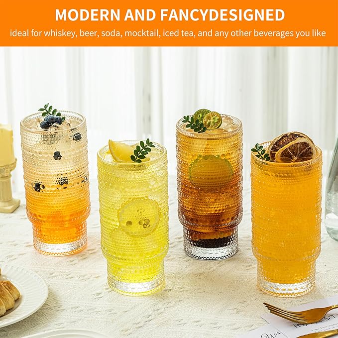 Romantic Highball Drinking Glasses Set of 4 , Beaded Glassware,16 oz Glasses Cups Set with Bamboo Lids Straws Brush Hobnail Glassware Set for Juice , Iced Coffee , Beer and Cocktail Whiskey,Soda