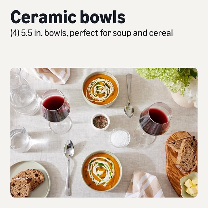 Amazon Basics Glazed Stoneware Bowls, Ceramic 4-Piece Set, Dishwasher-Safe, 5.5 in., Ivory