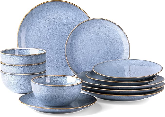 GBHOME Ceramic Dinnerware Sets for 4, 12 Pieces Stoneware Plates and Bowls Sets, Reactive Glaze Dishes -Scratch Resistant, Dishwasher&Microwave Safe- Brunnera Blue